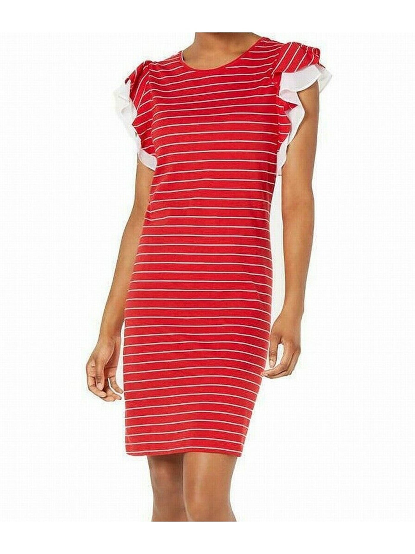 MAISON JULES Womens Red Ruffled Striped Short Sleeve Jewel Neck Above The Knee Shift Dress Juniors M