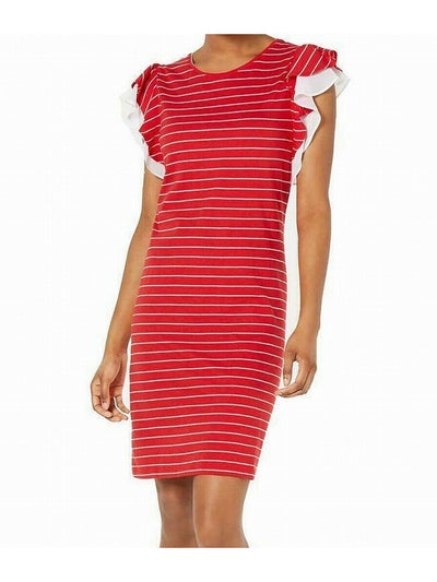 MAISON JULES Womens Red Ruffled Striped Short Sleeve Jewel Neck Above The Knee Shift Dress L