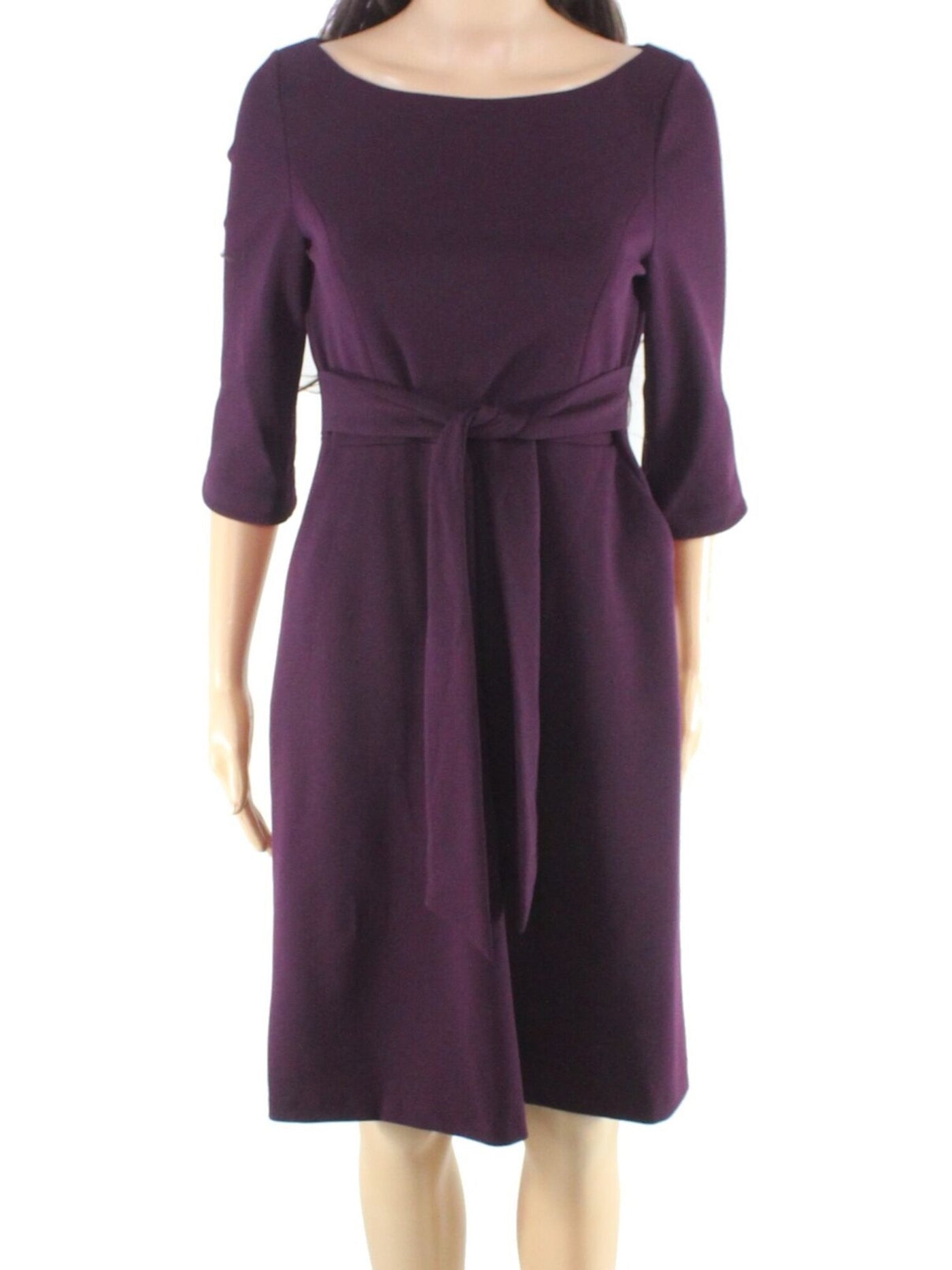 CALVIN KLEIN Womens Burgundy Belted Zippered 3/4 Sleeve Boat Neck Above The Knee Evening Fit + Flare Dress 10