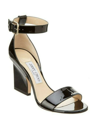 JIMMY CHOO Womens Black Ankle Strap Edina Round Toe Sculpted Heel Buckle Leather Dress Sandals Shoes 37.5