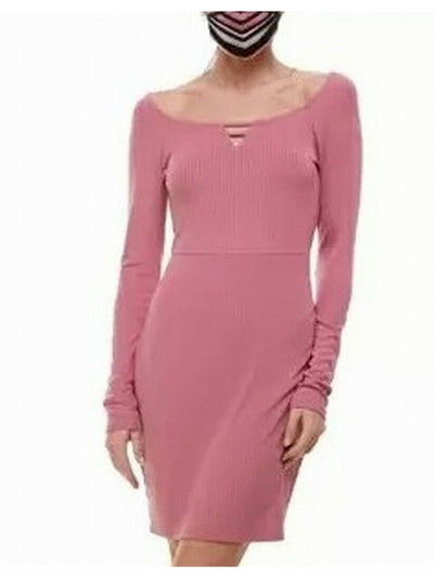 PLANET GOLD Womens Pink Long Sleeve Scoop Neck Short Body Con Dress Juniors XS