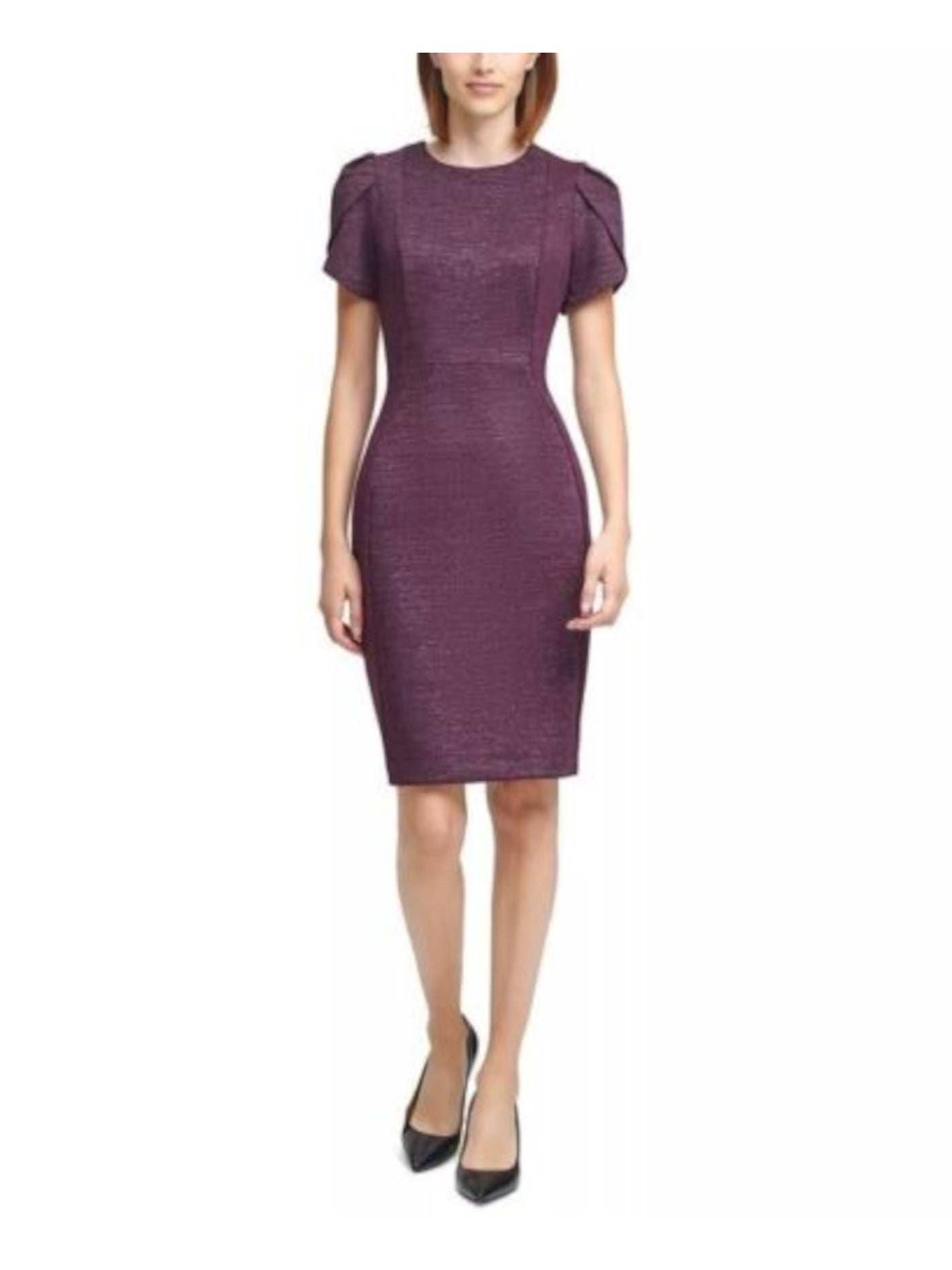 CALVIN KLEIN Womens Purple Stretch Metallic Zippered Pleated Pouf Sleeve Scoop Neck Knee Length Wear To Work Sheath Dress 8