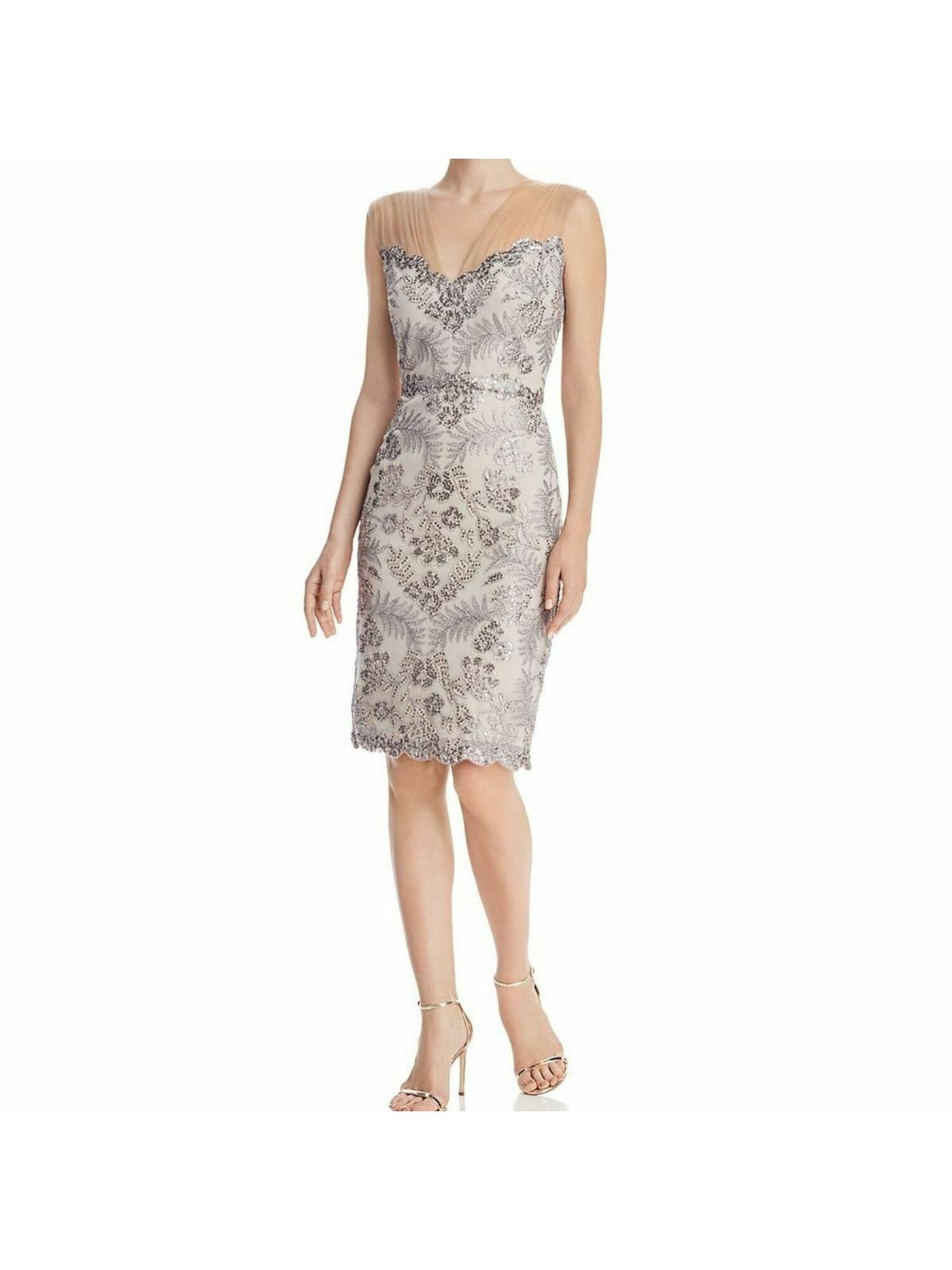 TADASHI SHOJI Womens Pink Zippered Metallic Embroidery Floral Sleeveless Illusion Neckline Above The Knee Party Sheath Dress 6