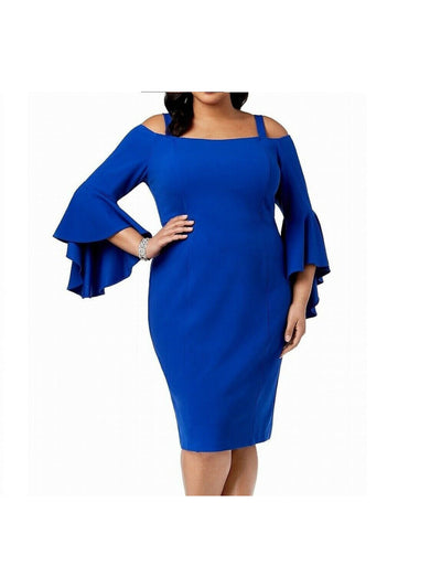 R&M RICHARDS Womens Blue Cold Shoulder Bell Sleeve Jewel Neck Midi Party Sheath Dress Plus 20W