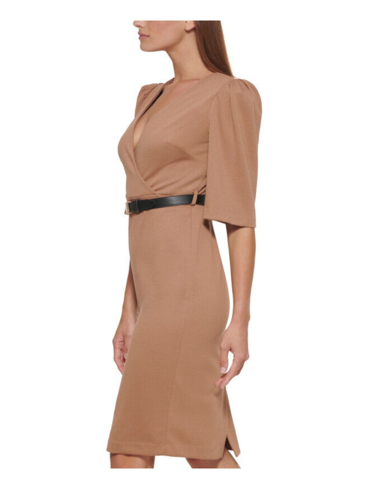 CALVIN KLEIN Womens Brown Stretch Belted Zippered Pleated Darted Slitted Ponte-kni Pouf Sleeve V Neck Knee Length Wear To Work Sheath Dress 14