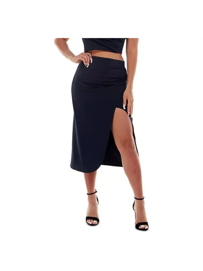 EMERALD SUNDAE Womens Navy Stretch Pleated Fitted Through Waist And Hips Below The Knee Cocktail Wrap Skirt Juniors XL