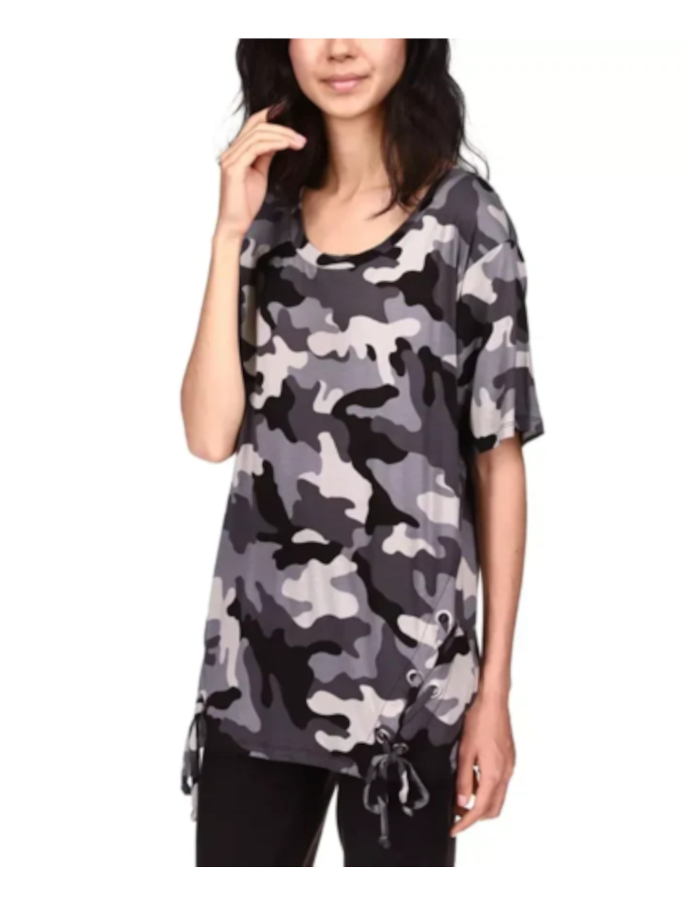 MICHAEL KORS Womens Gray Camouflage Elbow Sleeve Crew Neck Tunic Top XS