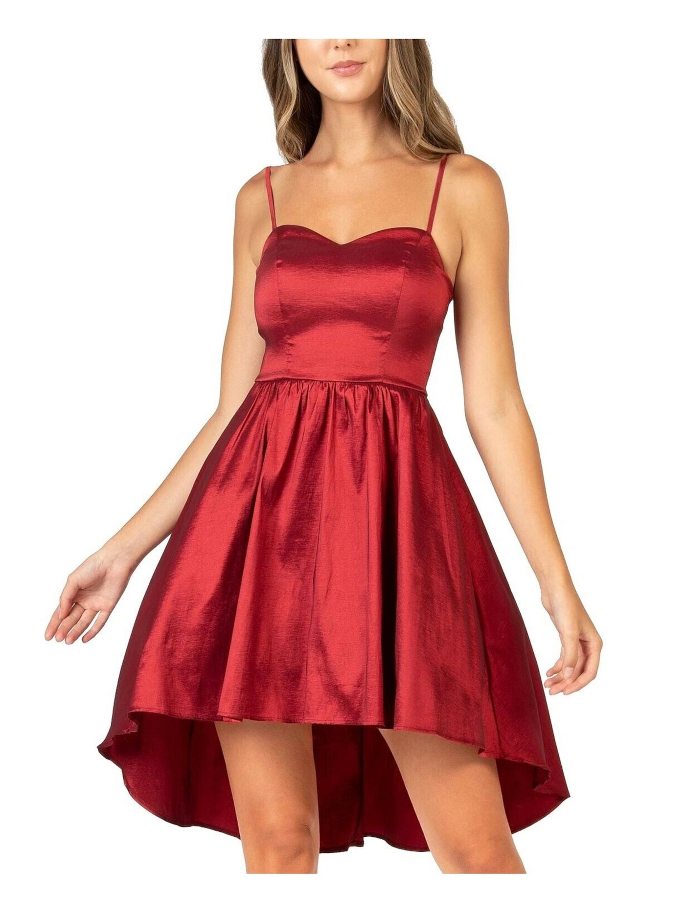 B DARLIN Womens Red Zippered Hi-low Spaghetti Strap Sweetheart Neckline Mini Party Fit + Flare Dress Juniors 3\4