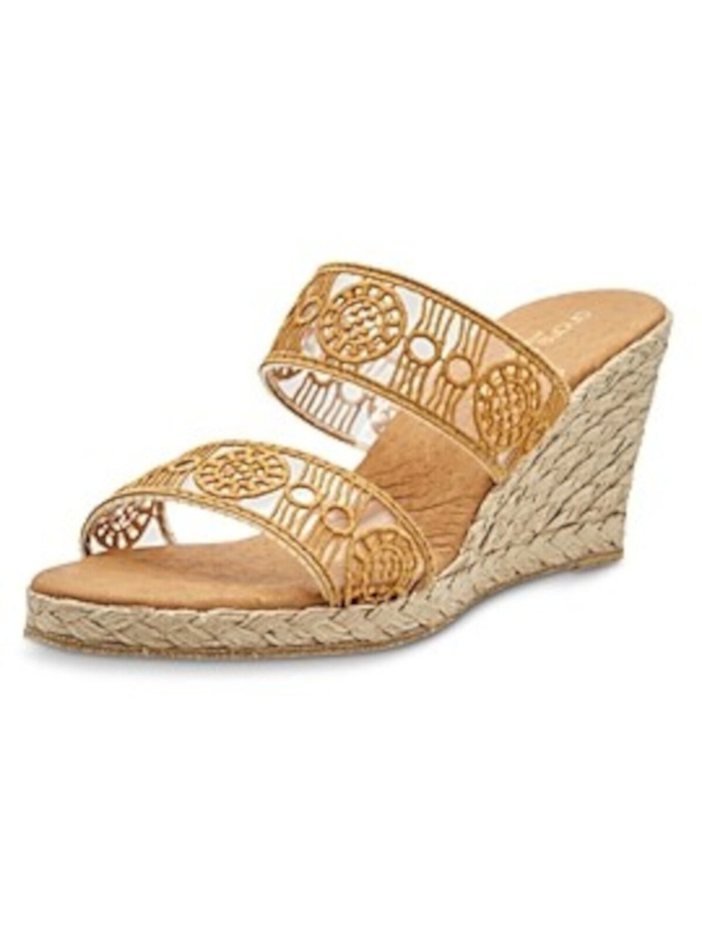 ANDRE ASSOUS Womens Gold Geometric Strappy Cushioned Anja Round Toe Wedge Slip On Leather Espadrille Shoes 39