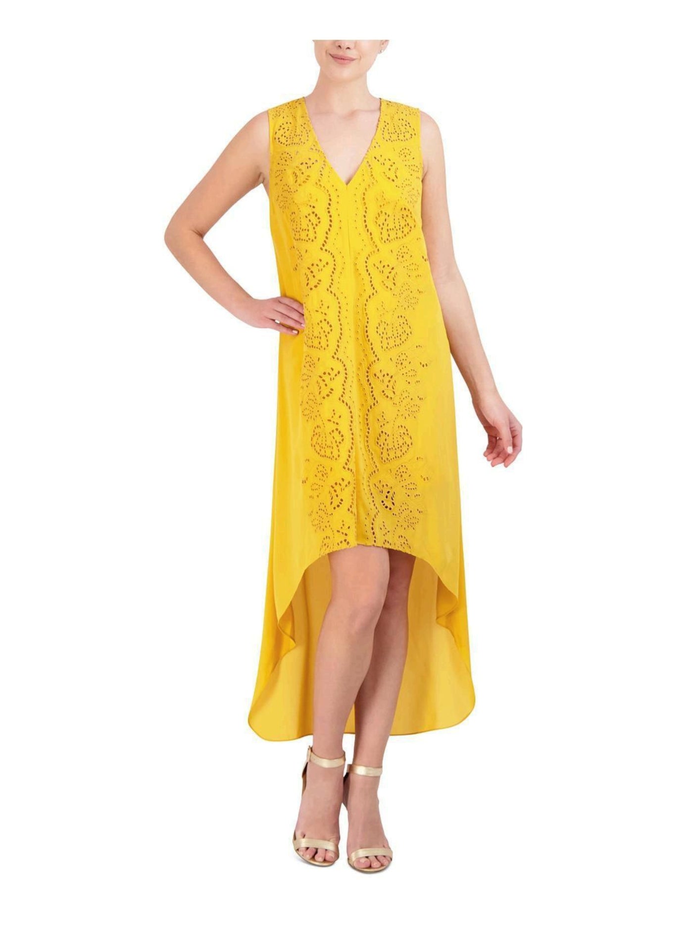 BCBG MAXAZRIA Womens Gold Sleeveless V Neck Tea-Length Hi-Lo Dress XS