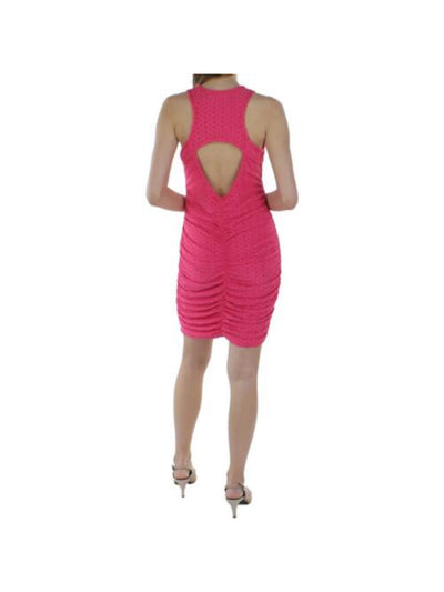 ALMOST FAMOUS Womens Pink Textured Ruched Cutout Back Sleeveless Jewel Neck Short Party Body Con Dress Juniors L