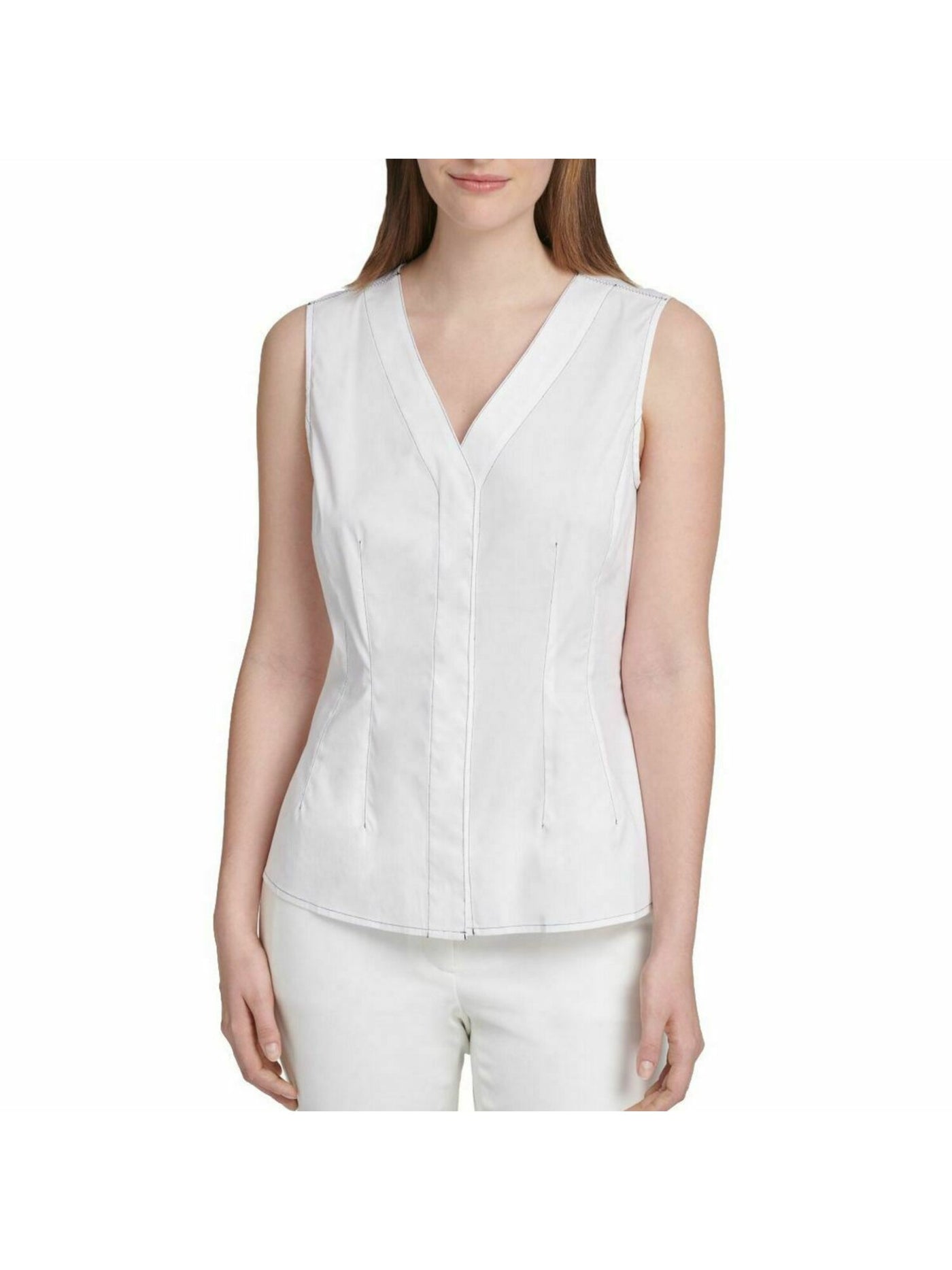 DKNY Womens White Sleeveless V Neck Wear To Work T-Shirt XS