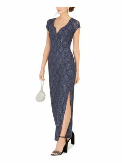 CONNECTED APPAREL Womens Gray Sequined Lace Short Sleeve V Neck Maxi Cocktail Sheath Dress 6