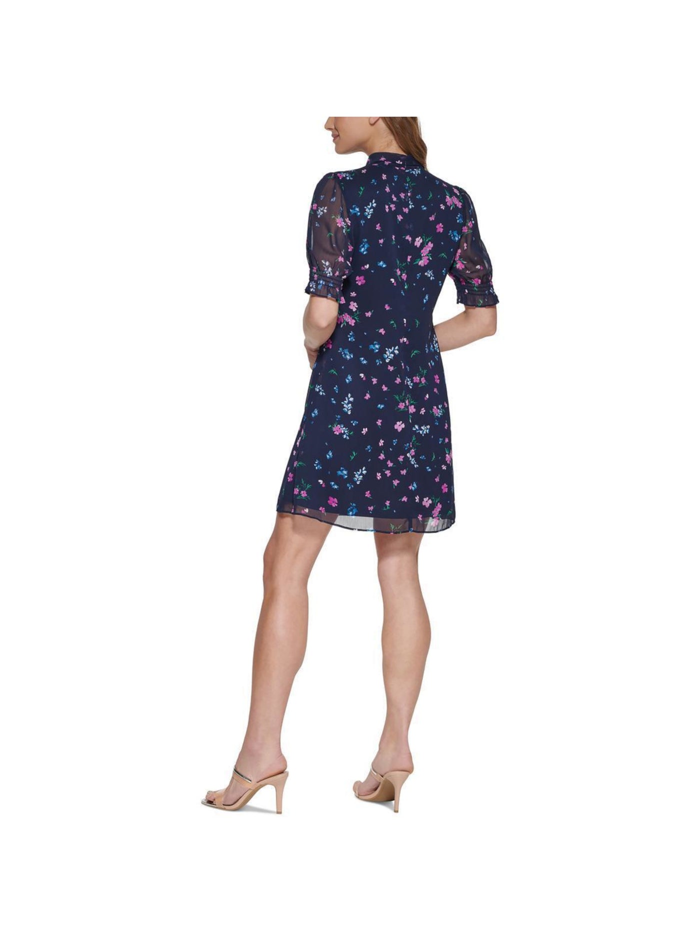 DKNY Womens Navy Zippered Smocked Ruffled Elastic-band Floral Pouf Sleeve Tie Neck Above The Knee Shift Dress 8