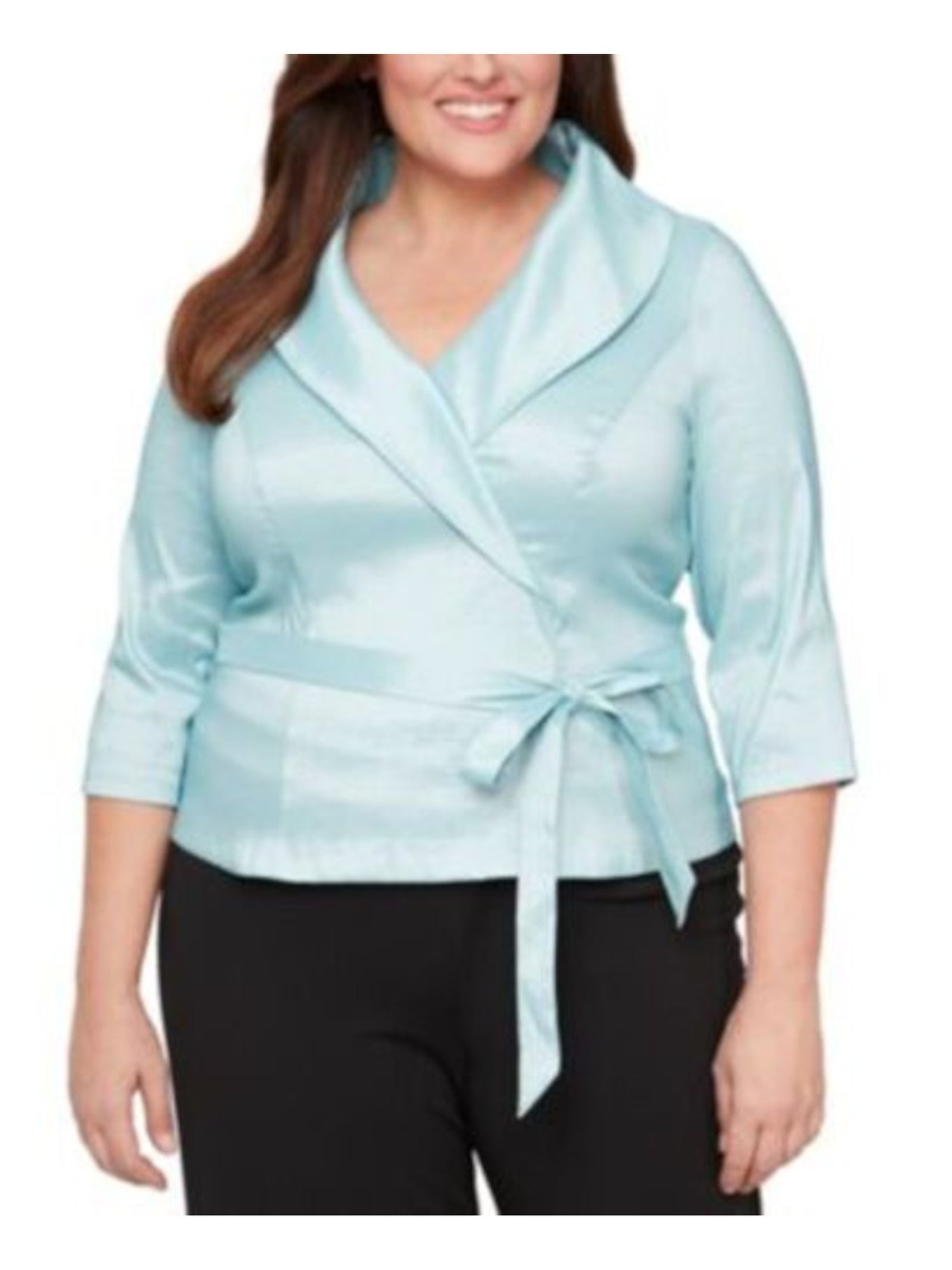 ALEX EVENINGS Womens Teal Zippered Textured Unlined Tie Waist 3/4 Sleeve Collared Wear To Work Blouse Plus 3X