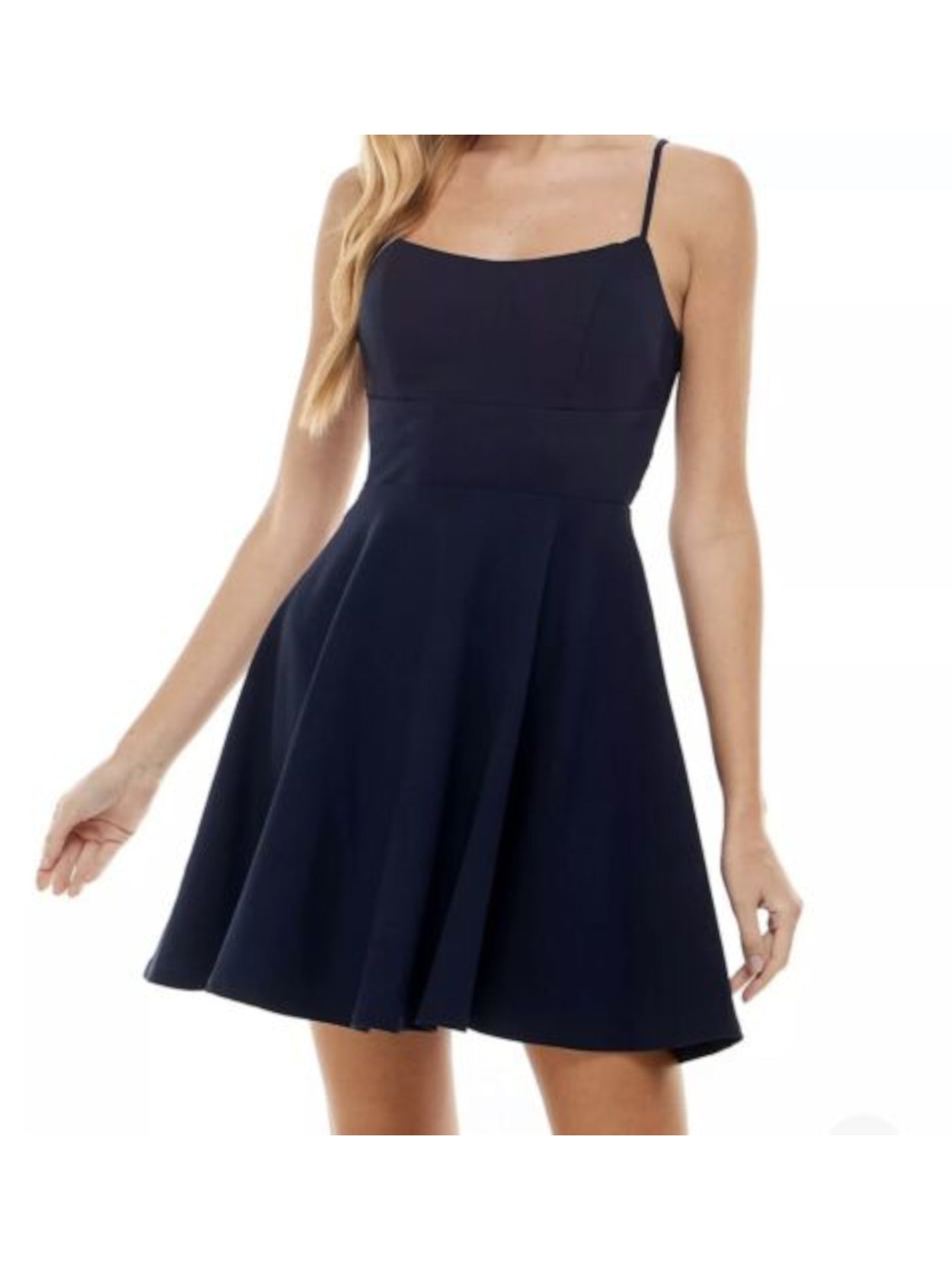 CITY STUDIO Womens Navy Stretch Zippered Lace Illusion Waist Spaghetti Strap V Neck Mini Party Fit + Flare Dress 15