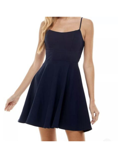 CITY STUDIO Womens Navy Stretch Zippered Lace Illusion Waist Spaghetti Strap V Neck Mini Party Fit + Flare Dress 15