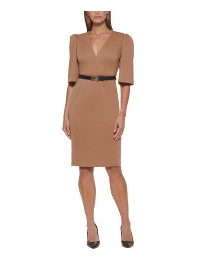 CALVIN KLEIN Womens Brown Stretch Belted Zippered Pleated Darted Slitted Ponte-kni Pouf Sleeve V Neck Knee Length Wear To Work Sheath Dress 14