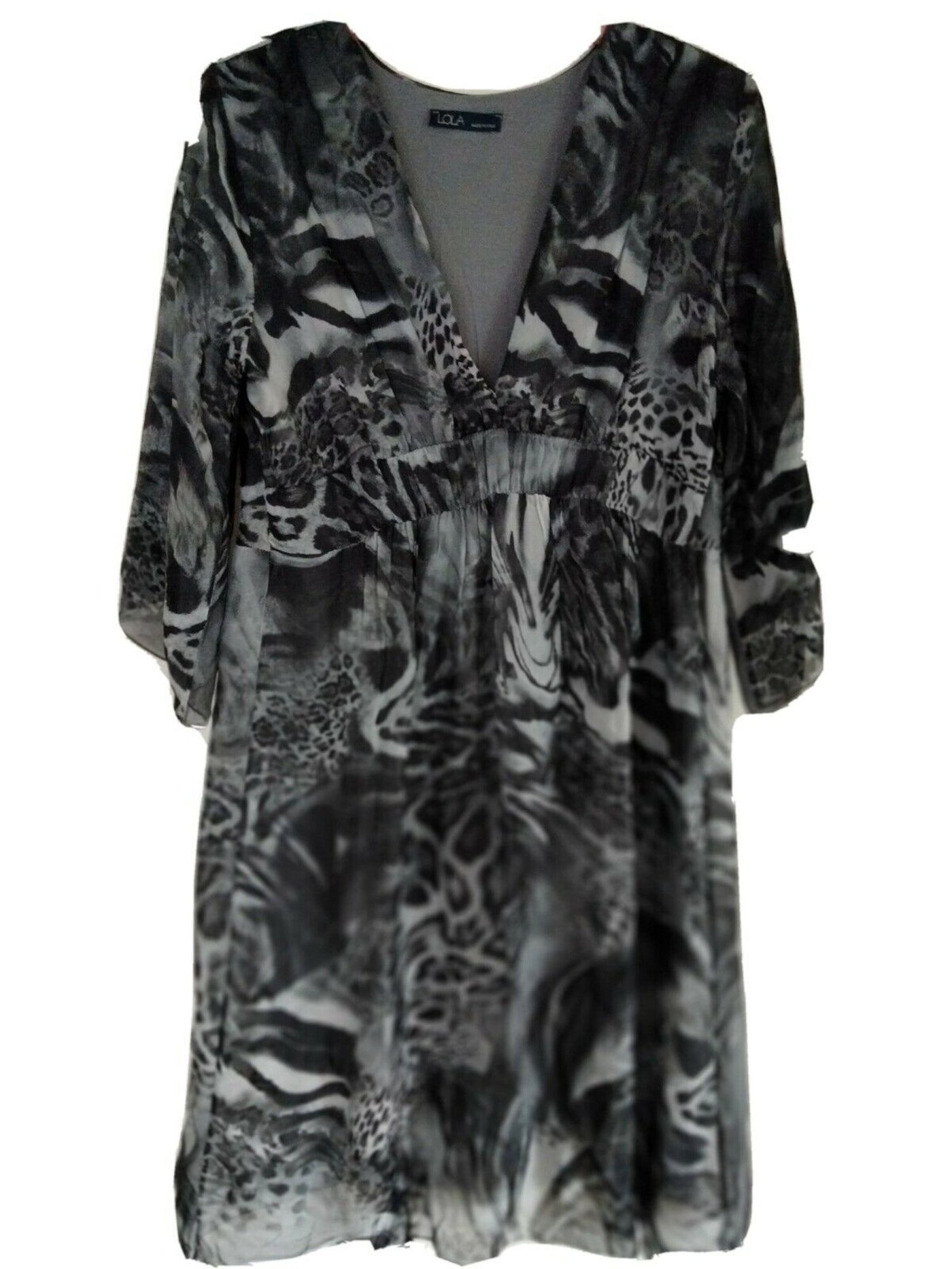 LOLA Womens Gray Animal Print Bell Sleeve V Neck Knee Length Evening Dress S