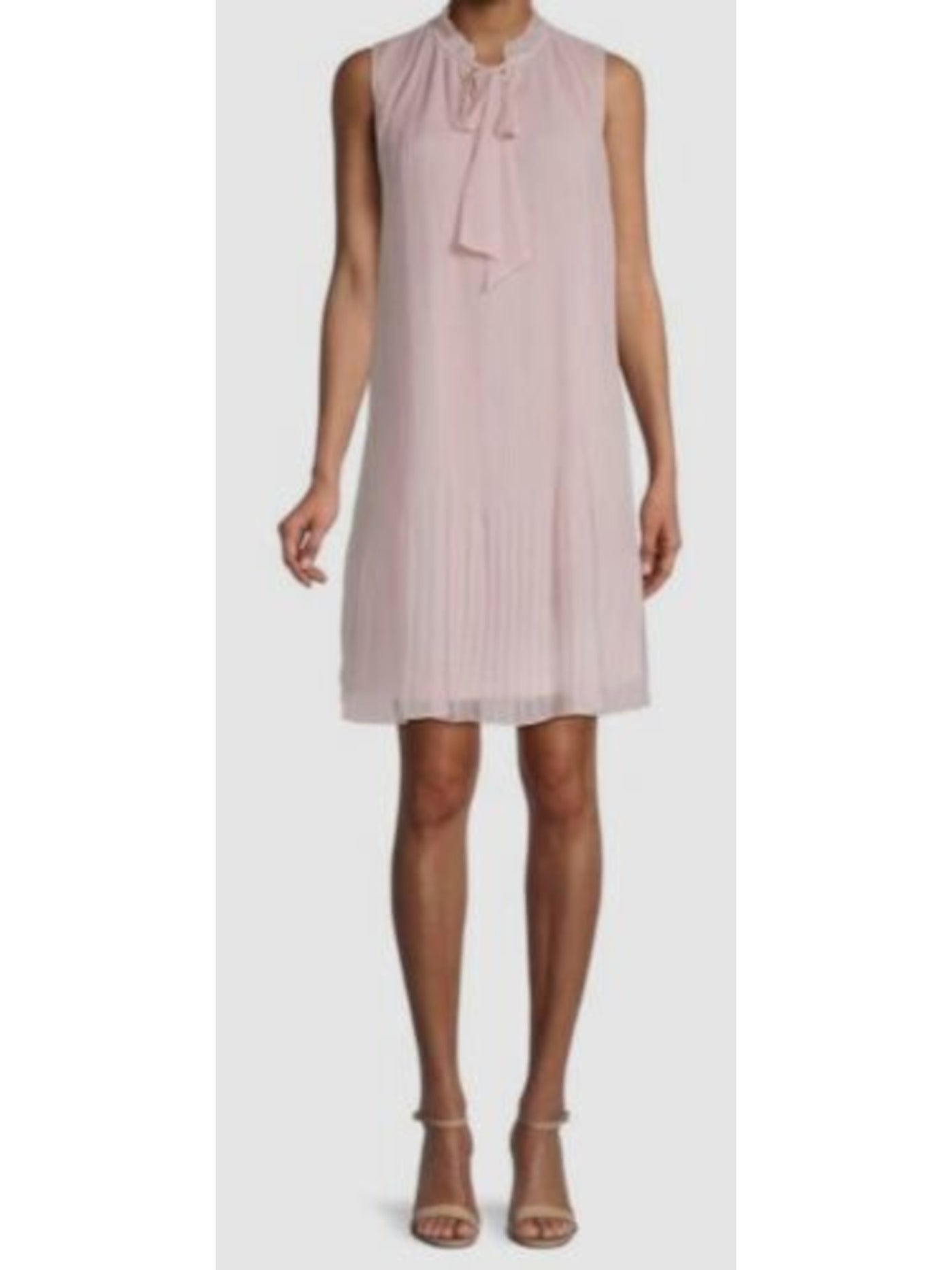 DKNY Womens Pink Pleated Sheer Lined Sleeveless Tie Neck Above The Knee Wear To Work Shift Dress 12