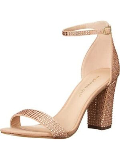 MADDEN GIRL Womens Beige Ankle Strap Rhinestone Bella Round Toe Block Heel Buckle Heeled Sandal 9.5