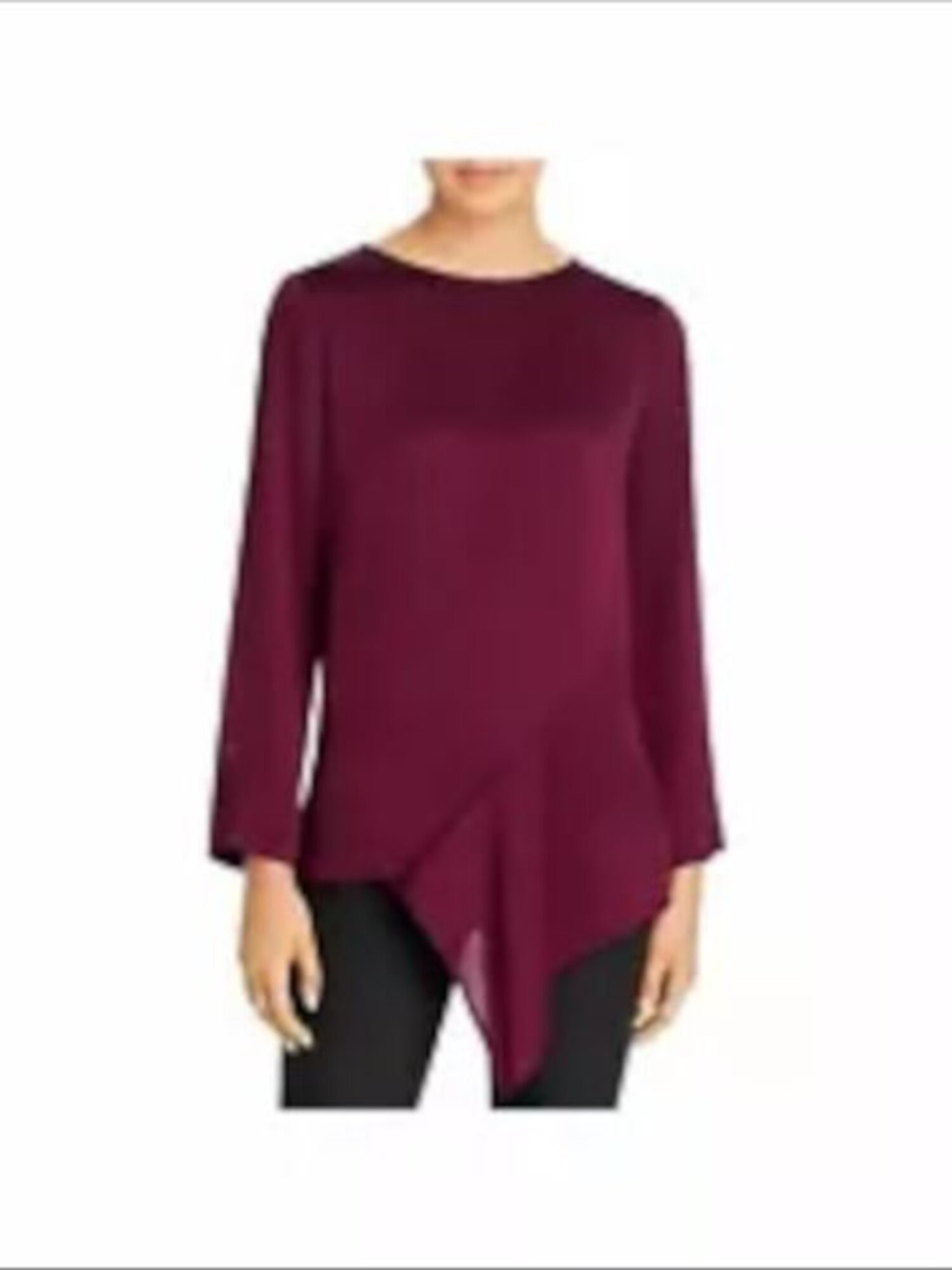 VINCE CAMUTO Womens Burgundy Embellished Long Sleeve Jewel Neck Evening Handkerchief Top L