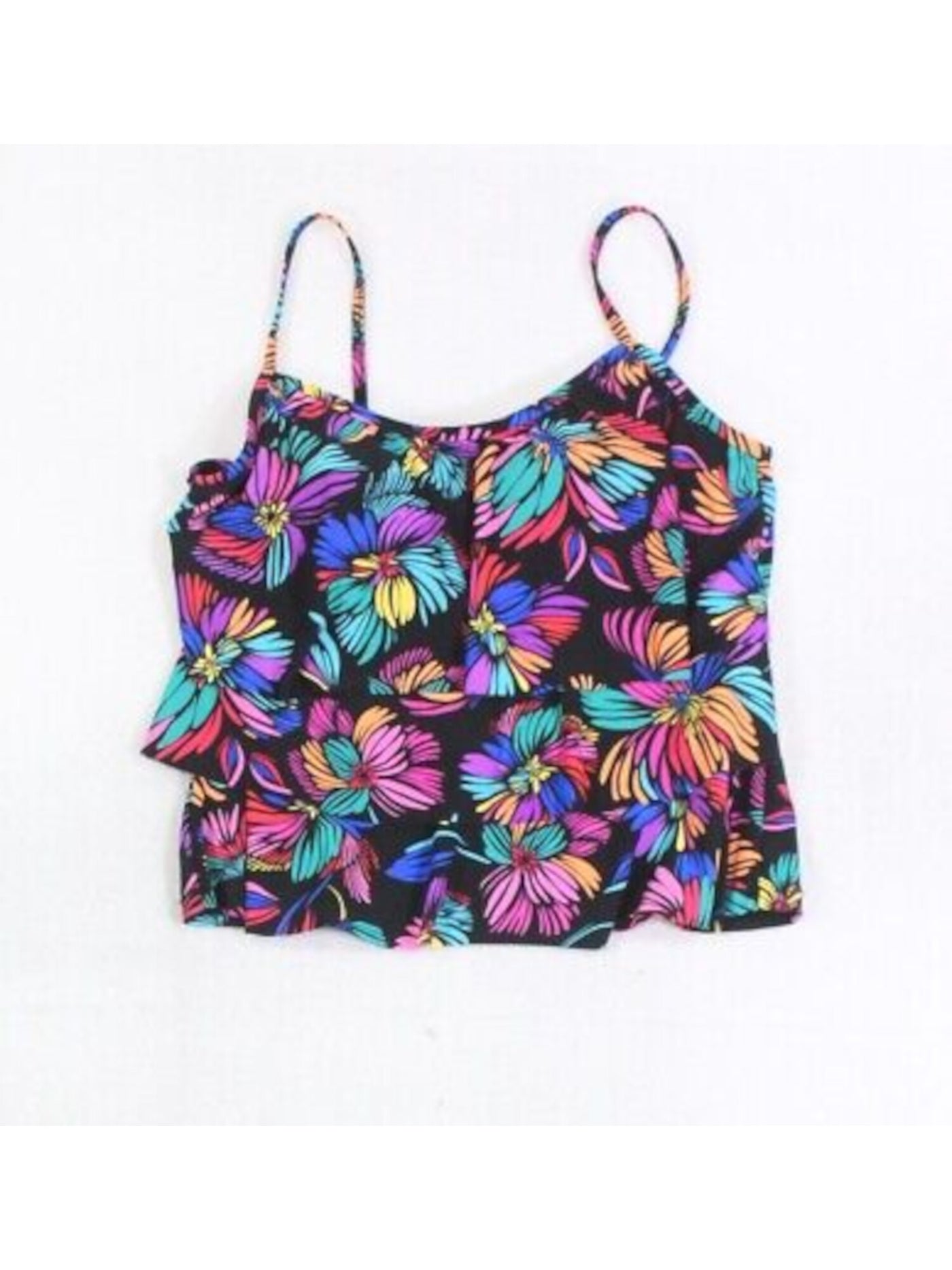 SWIM SOLUTIONS Women's Multi Color Floral Stretch Full Bust Support Triple Tiered Molded Cup Scoop Neck Tankini Swimsuit Top 8