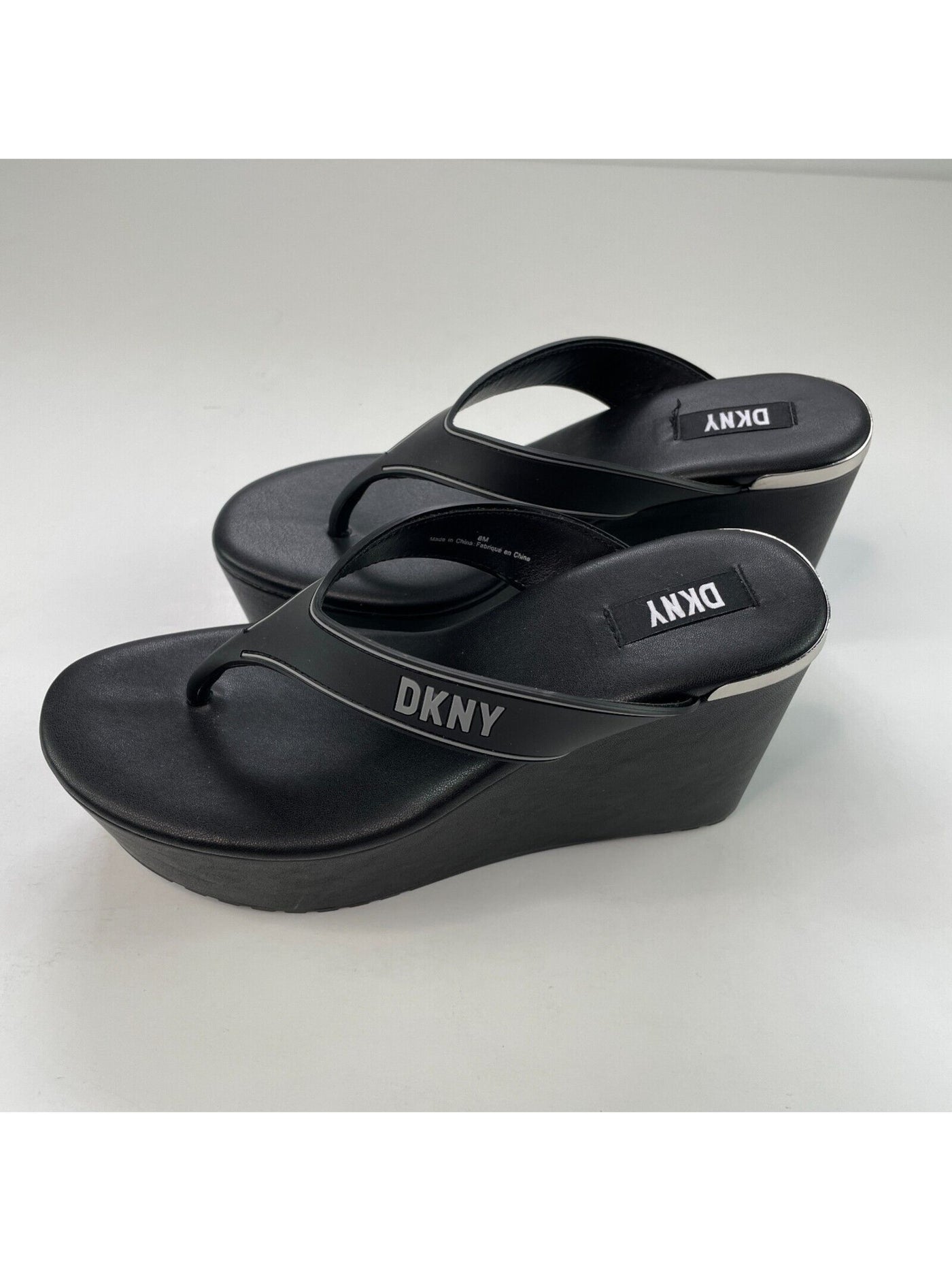 DKNY Womens Black 2" Platform Comfort Logo Trina Round Toe Wedge Slip On Thong Sandals Shoes 8 M