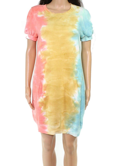 ULTRA FLIRT Womens Blue Jersey Tie Dye Pouf Crew Neck Mini Shift Dress S