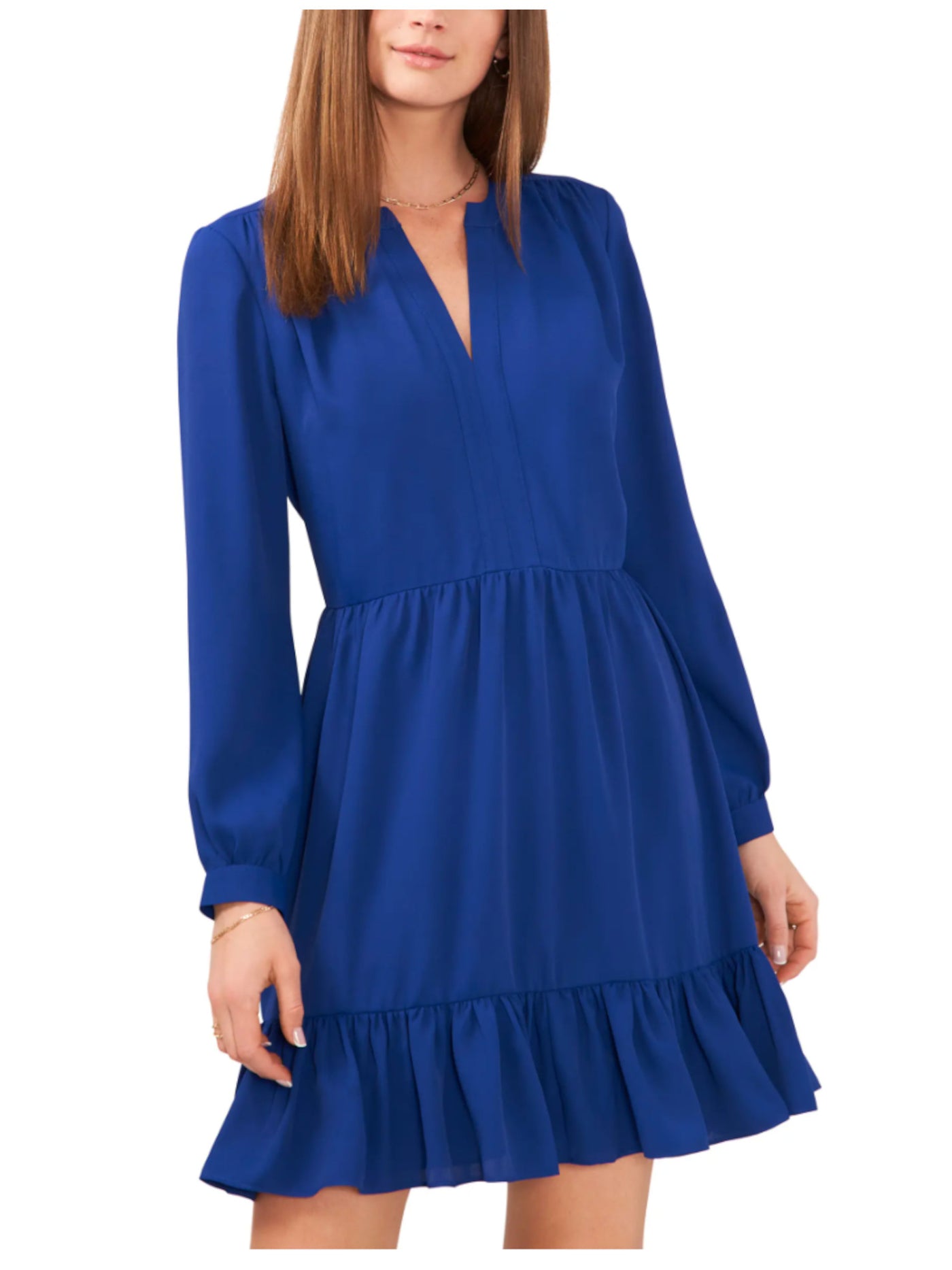 VINCE CAMUTO Womens Blue Gathered Lined Tiered Button Cuffs Pullover Long Sleeve Split Above The Knee Fit + Flare Dress M