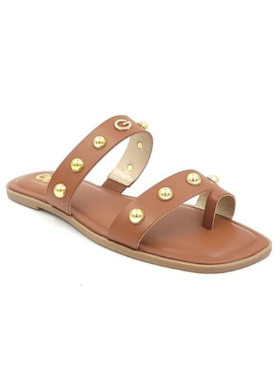 GBG LOS ANGELES Womens Brown Toe-Loop Studded Padded Ritsa Square Toe Slip On Slide Sandals Shoes 11 M
