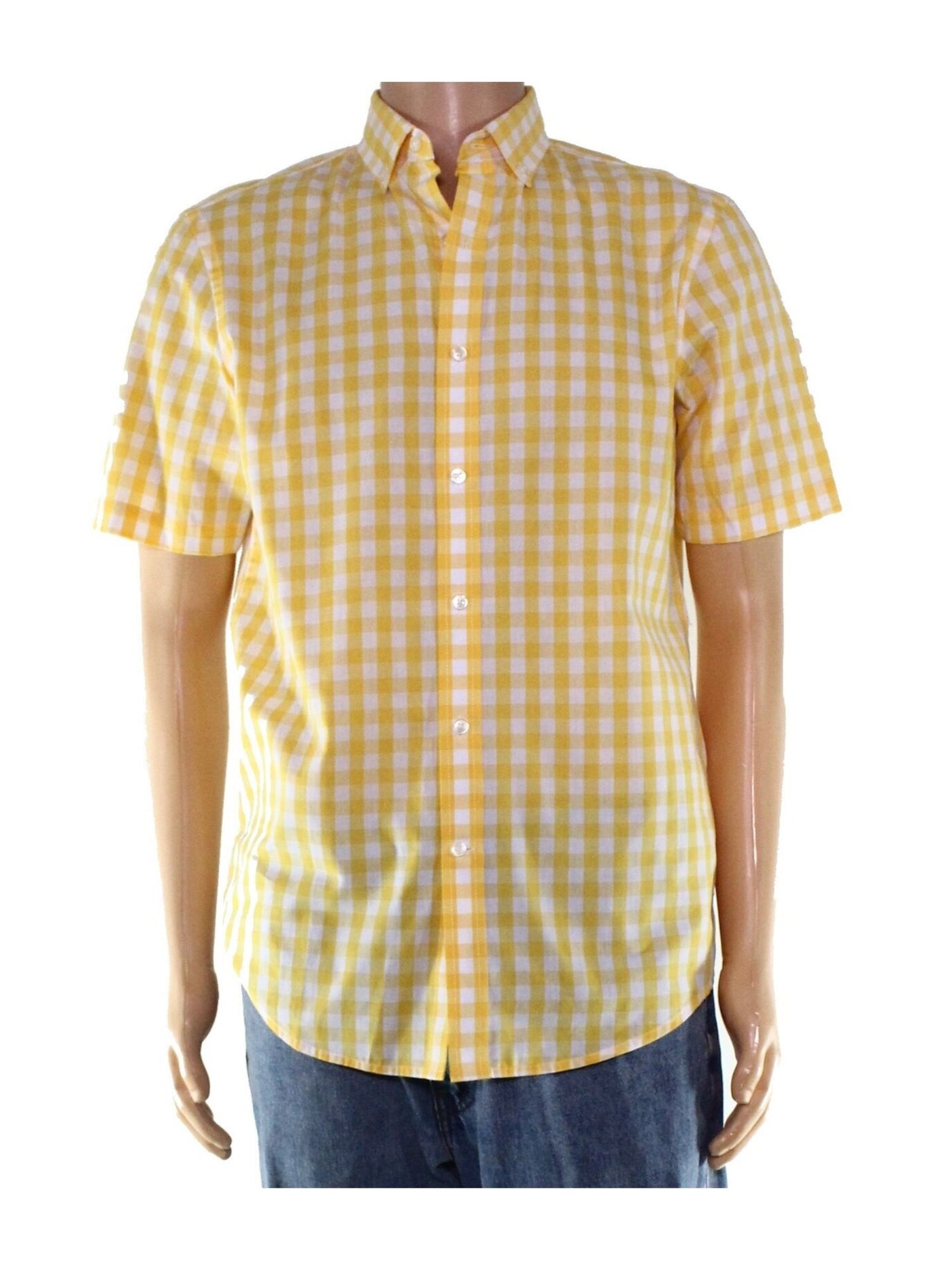 CLUBROOM Mens Yellow Multi-Check Collared Classic Fit Dress Shirt XL