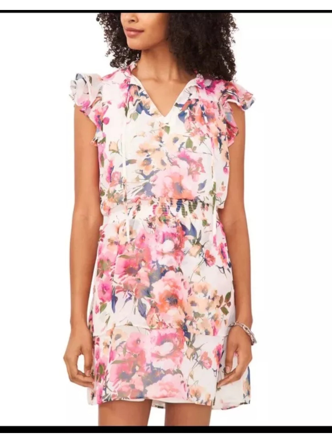 MSK PETITES Womens White Smocked Lined Moc Neck Tie Pull-on Floral Flutter Sleeve V Neck Short Fit + Flare Dress Petites PL