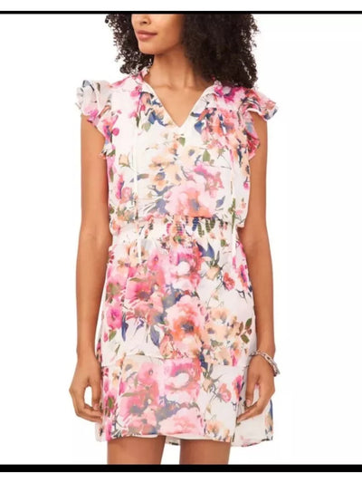 MSK PETITES Womens White Smocked Lined Moc Neck Tie Pull-on Floral Flutter Sleeve V Neck Short Fit + Flare Dress Petites PL