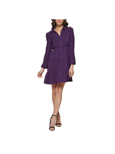 KENSIE Womens Purple Stretch Sheer Pullover Styling Long Sleeve Collared Short Wear To Work Shift Dress 4