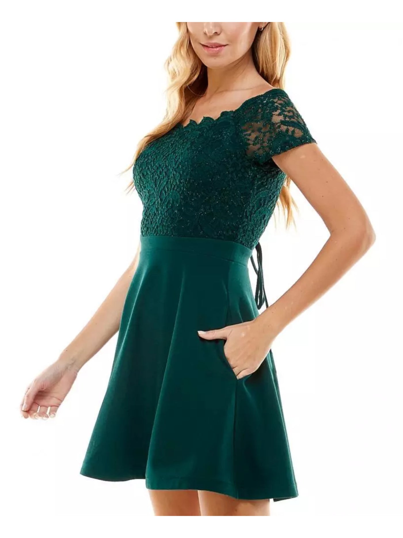 CITY STUDIO Womens Green Scalloped Pocketed Corset-laced Back Zippered Short Sleeve Off Shoulder Short Party Fit + Flare Dress Juniors 7\8