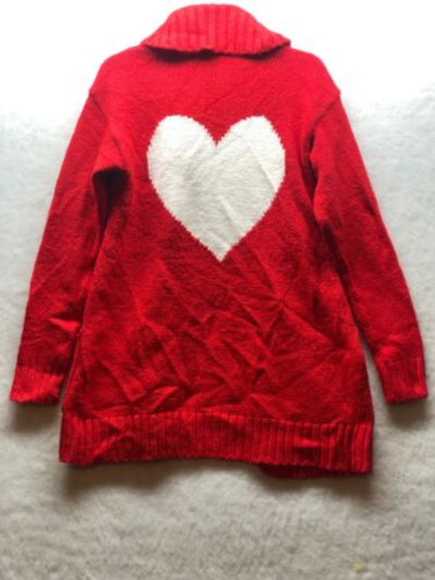 CHARTER CLUB Womens Red Ribbed Pocketed Heart On Back Printed Long Sleeve Open Front Cardigan S