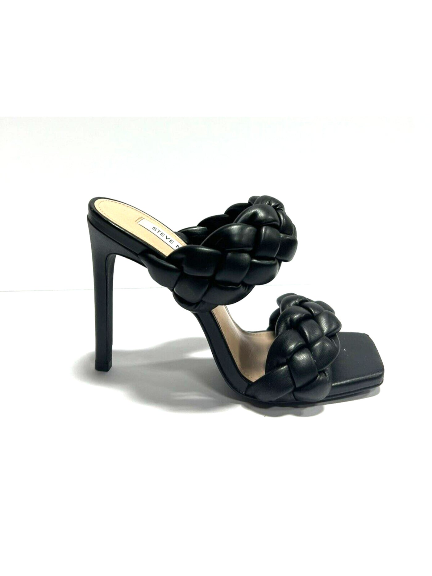 STEVE MADDEN Womens Black Braided Padded Kenley Square Toe Stiletto Slip On Dress Sandals Shoes 6 M