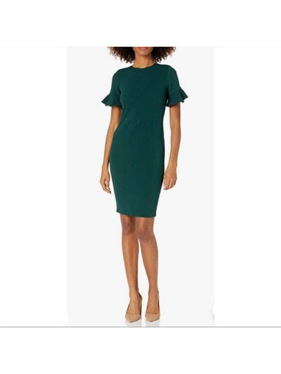 CALVIN KLEIN Womens Green Zippered Ruffled Short Sleeve Round Neck Above The Knee Wear To Work Sheath Dress 8