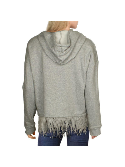 AQUA Womens Gray Feather-trim Pullover Heather Long Sleeve Hoodie Top XS