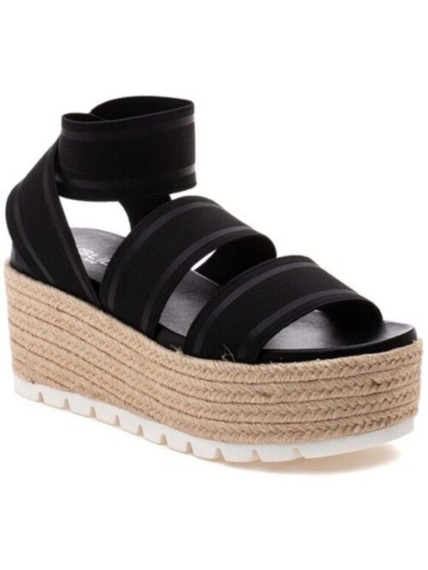 J/SLIDES Womens Black Treaded Sole 2" Platform Ankle Strap Stretch Quartz Round Toe Wedge Slip On Leather Espadrille Shoes 8.5 M