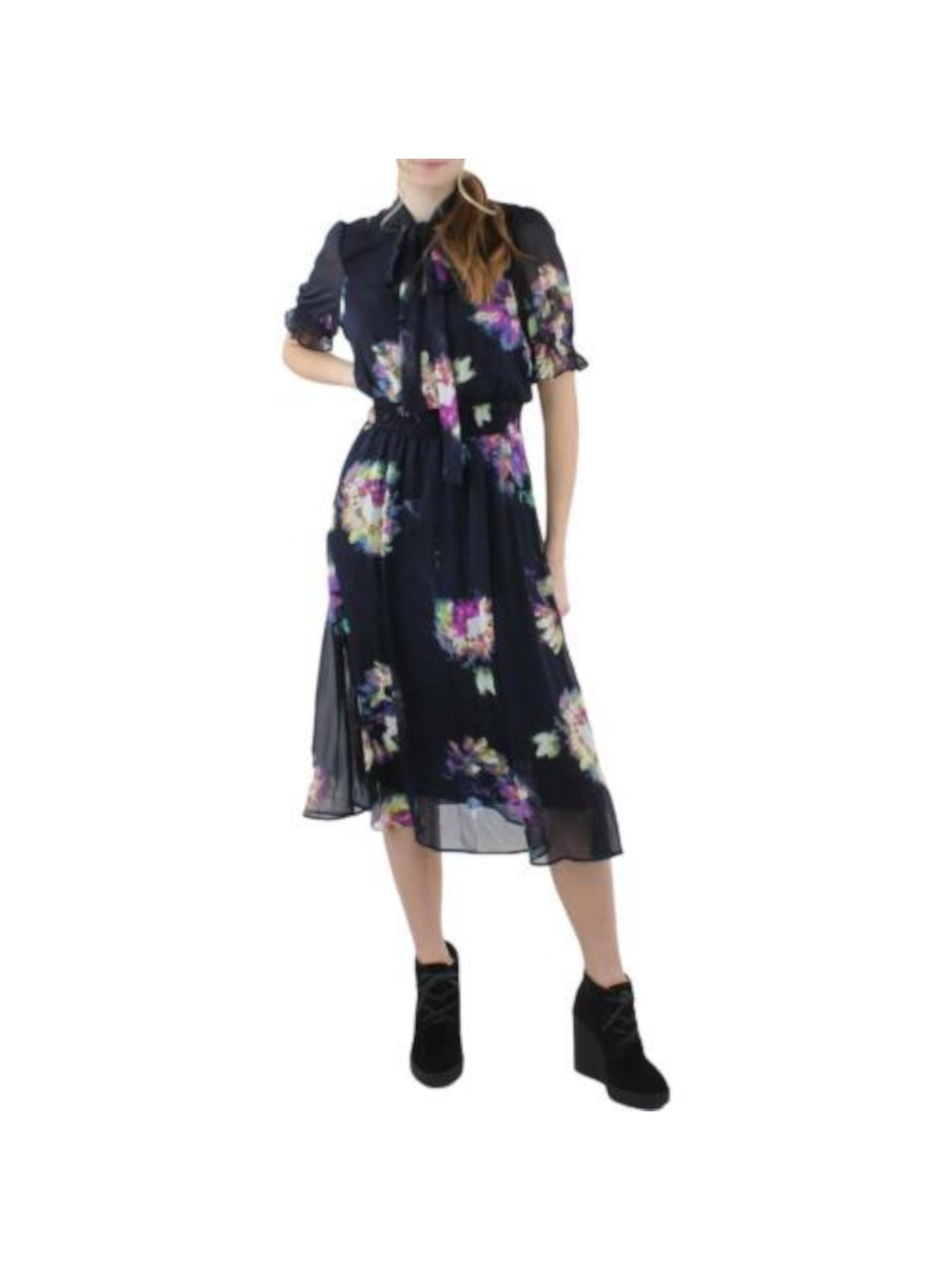 DKNY Womens Navy Tie Ruffled Smocked Waist Floral Short Sleeve V Neck Below The Knee Wear To Work Shift Dress 4