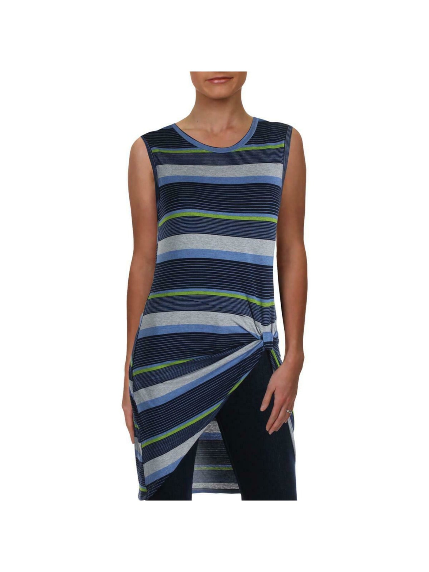 RACHEL ROY Womens Blue Striped Sleeveless Crew Neck Hi-Lo Top XS