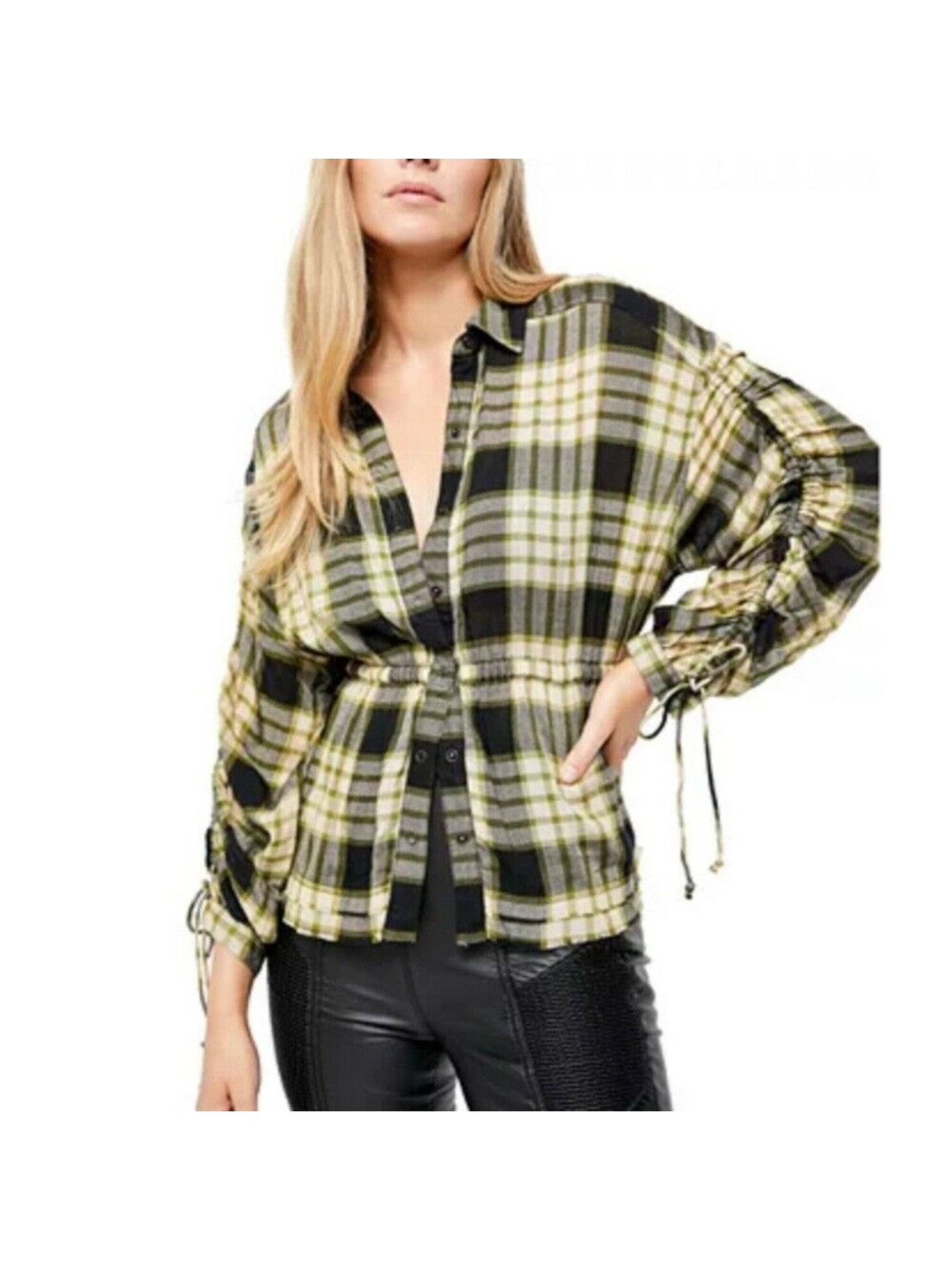 WE THE FREE Womens Green Ruched Tie Raw Hem Tie Sleeve Plaid Cuffed Sleeve Collared Peplum Top S