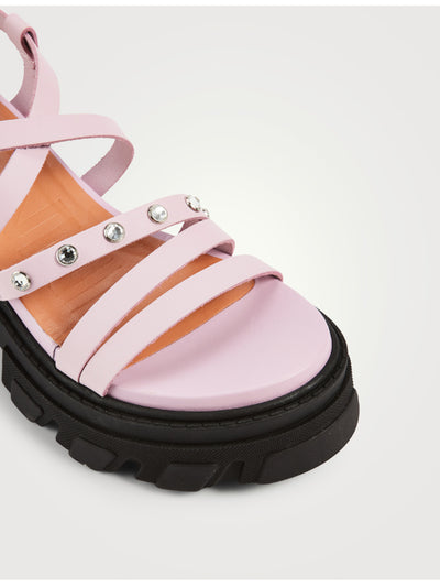 GANNI Womens Pink Lug Sole 2" Platform Embellished Strappy Round Toe Block Heel Buckle Leather Slingback Sandal 40