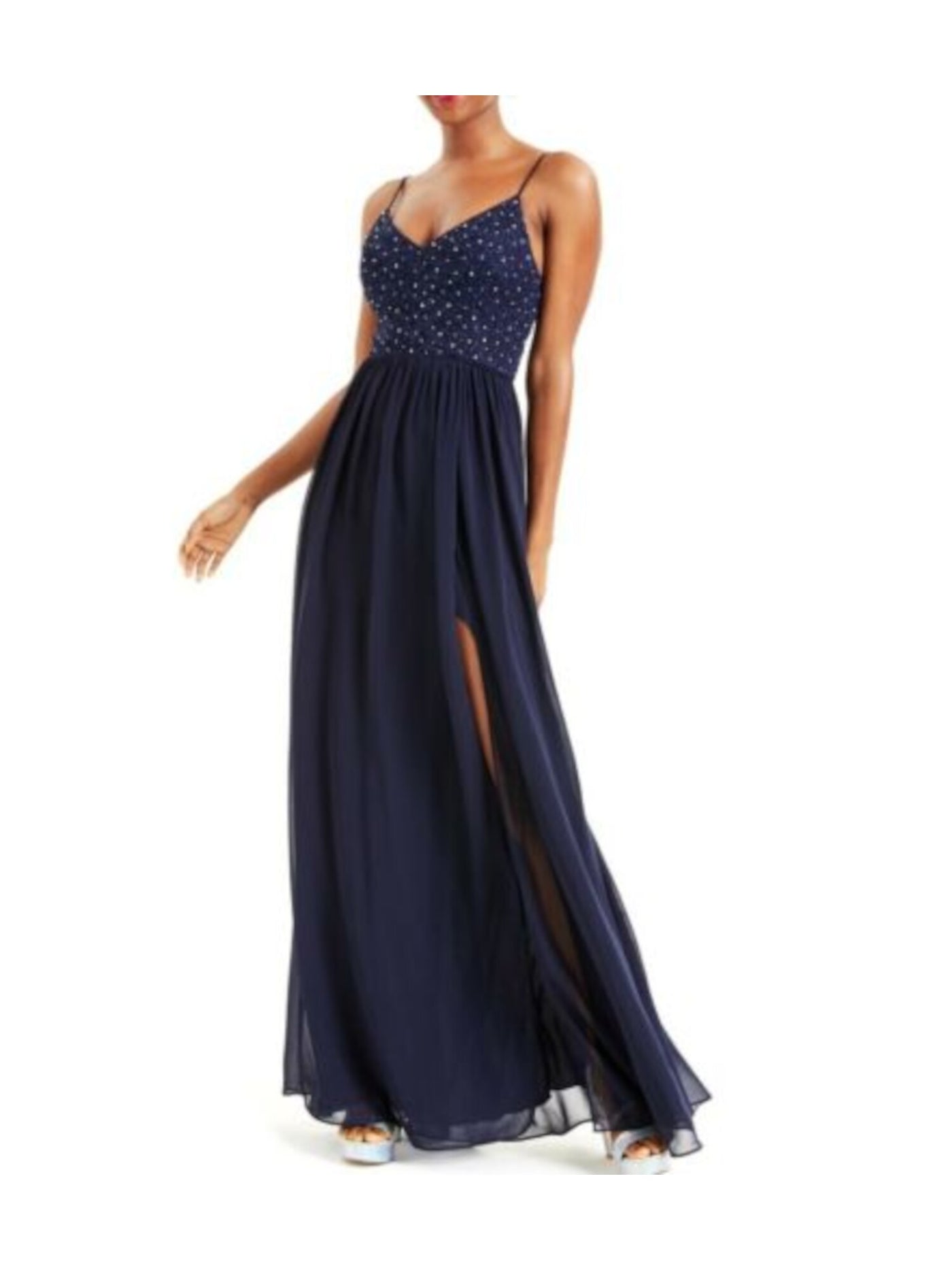 CITY STUDIO Womens Navy Embellished Zippered Pleated Slitted Sheer Lined Spaghetti Strap V Neck Full-Length  Gown Prom Dress Juniors 1
