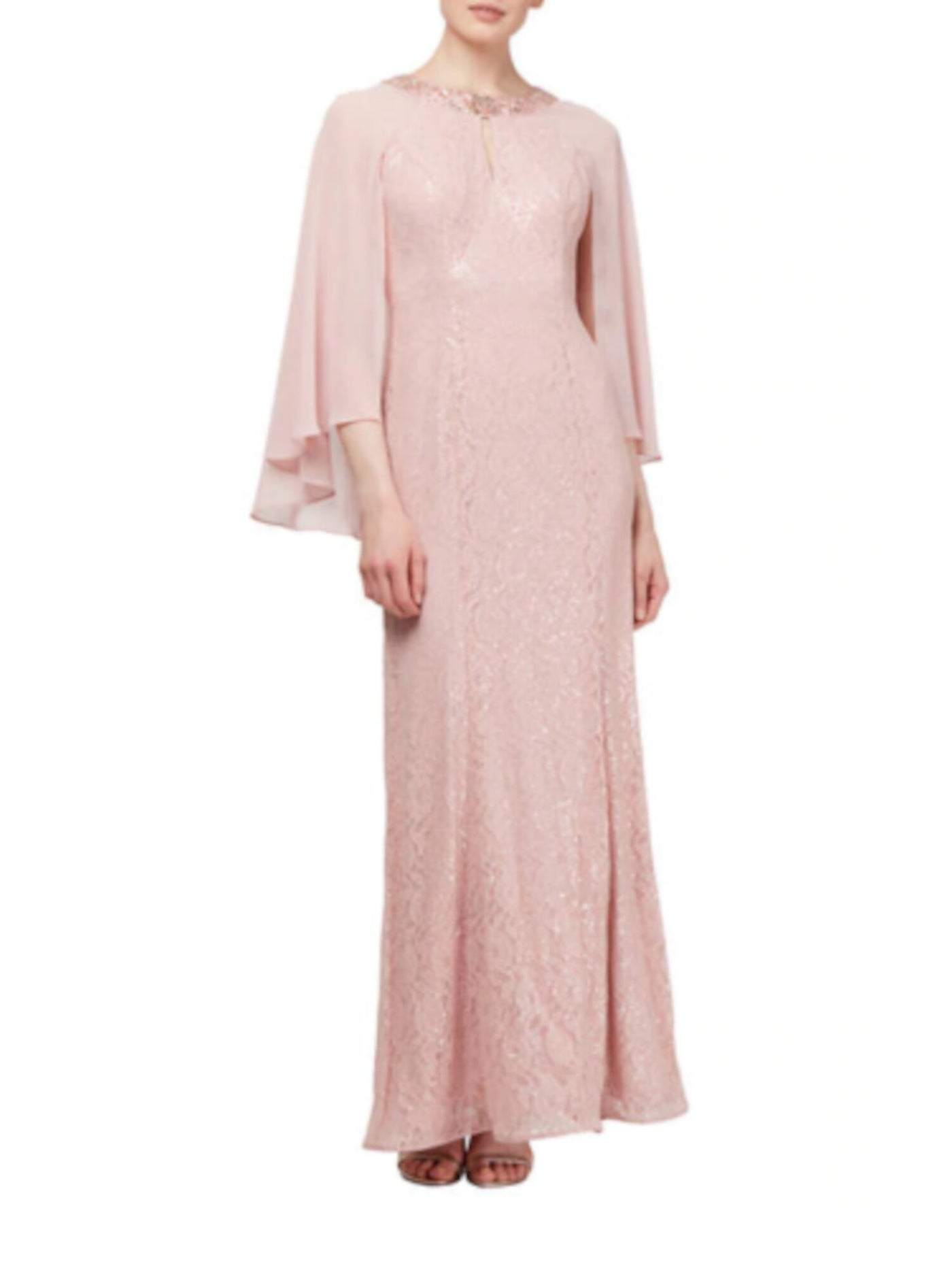 SLNY Womens Pink Sequined Rhinestone Lace Cape Gown 3/4 Sleeve Keyhole Maxi Formal Fit + Flare Dress 14