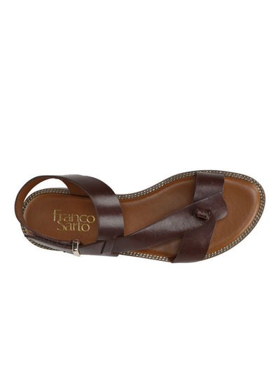 FRANCO SARTO Womens Brown Asymmetrical Knot Cushioned Chain Adjustable Strap Ankle Strap Glenni Round Toe Wedge Leather Thong Sandals Shoes M
