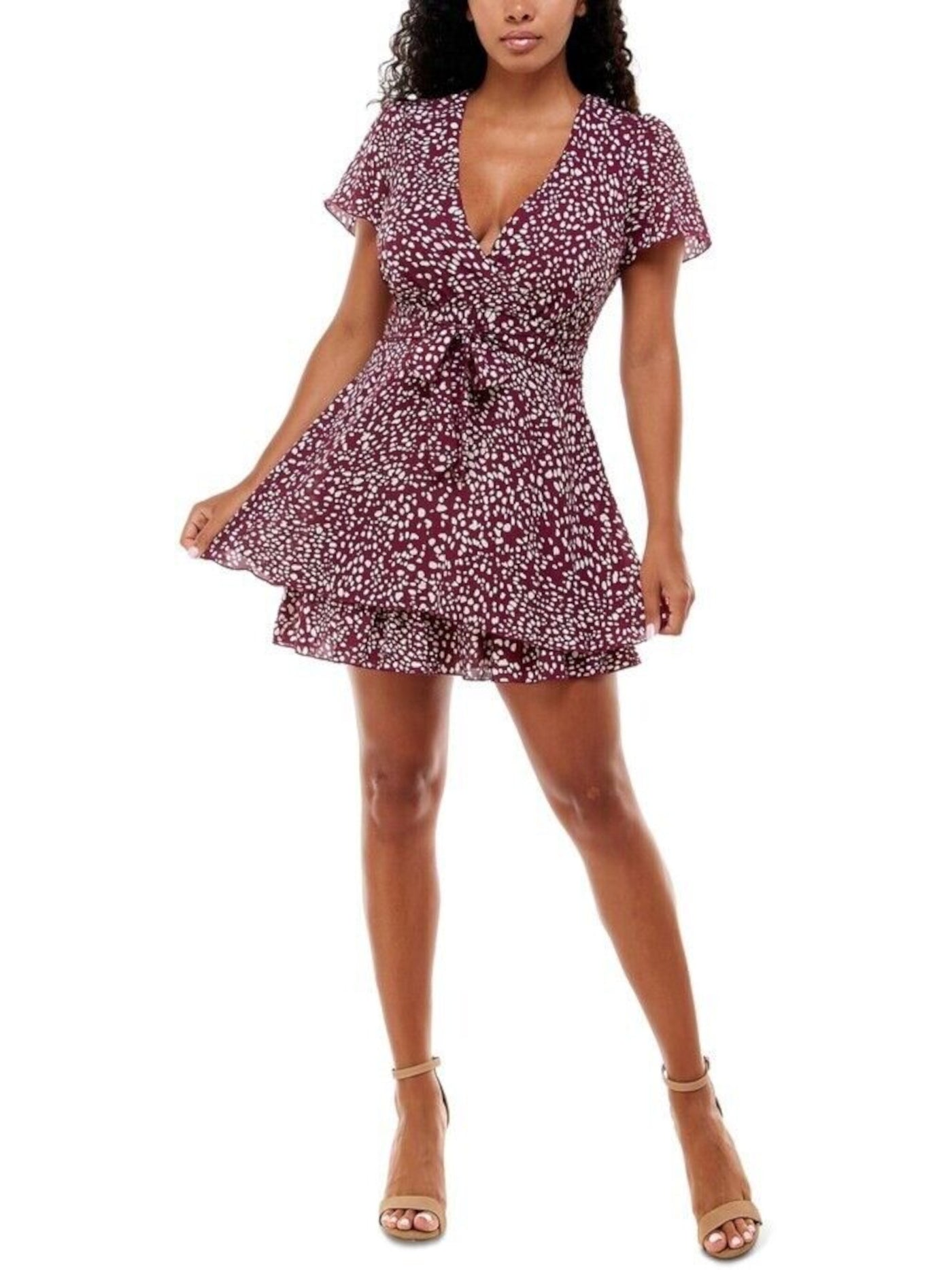 emerald sundae burgundy dress Emerald Sundae Juniors Womens Padded Bust Shimmer Fit & Flare Dress In Wine