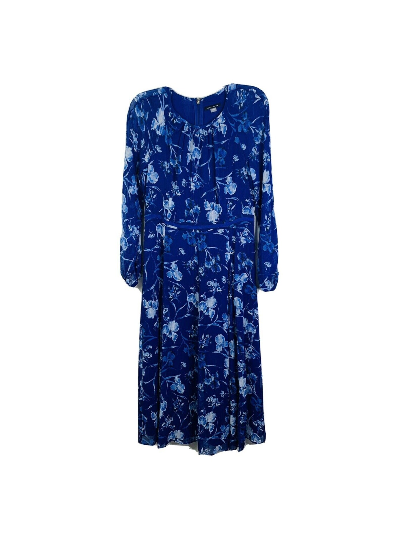 TOMMY HILFIGER Womens Blue Tie Zippered Floral Long Sleeve Split Midi Wear To Work Sheath Dress 4